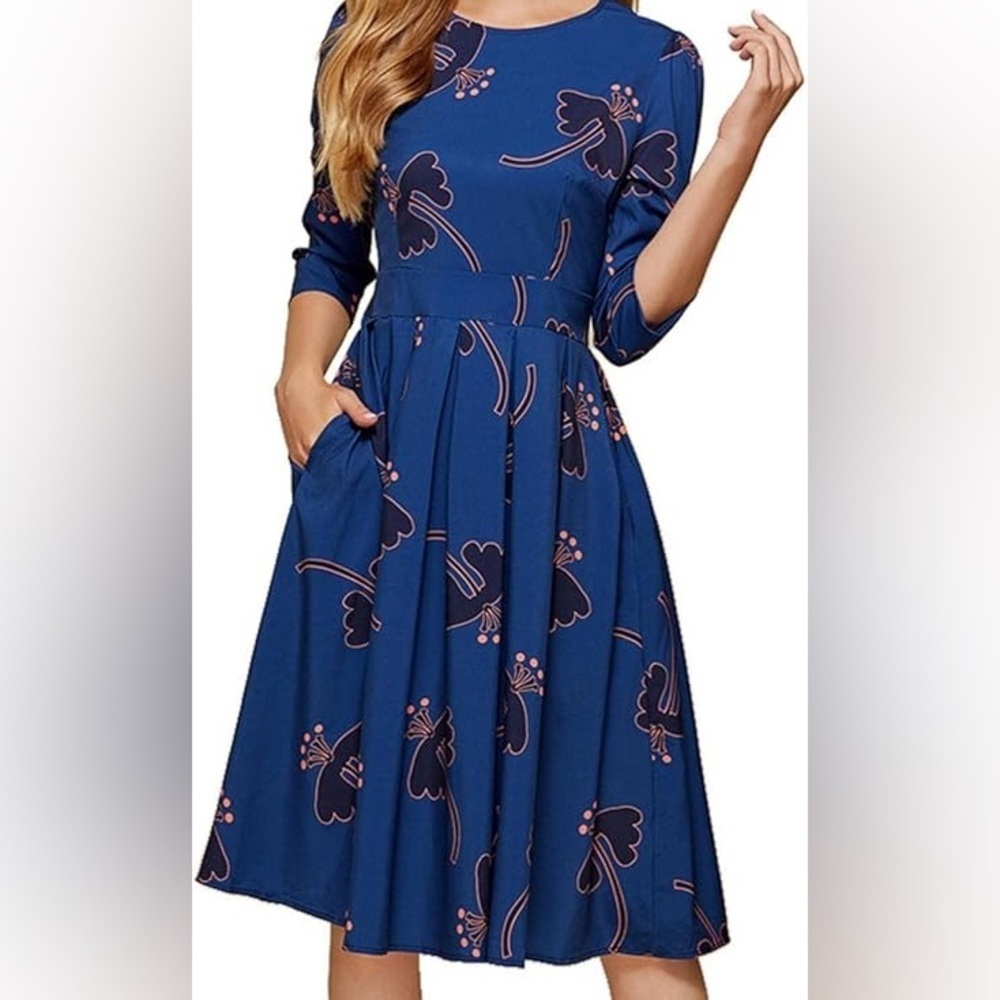 Chic Navy Blue and Pink Floral Long Sleeve Dress